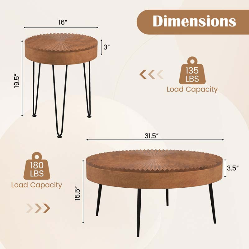 Boho Farmhouse Round Coffee Table Set of 2, Solid Pine Wood Nesting End Table with Metal Legs, Adjustable Foot Pads for Living Room