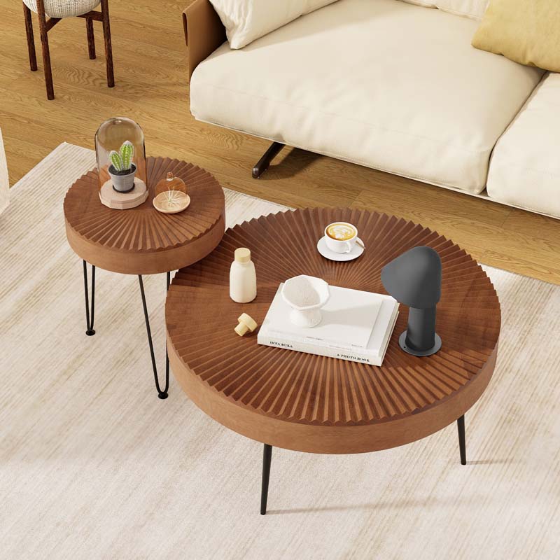 Boho Farmhouse Round Coffee Table Set of 2, Solid Pine Wood Nesting End Table with Metal Legs, Adjustable Foot Pads for Living Room