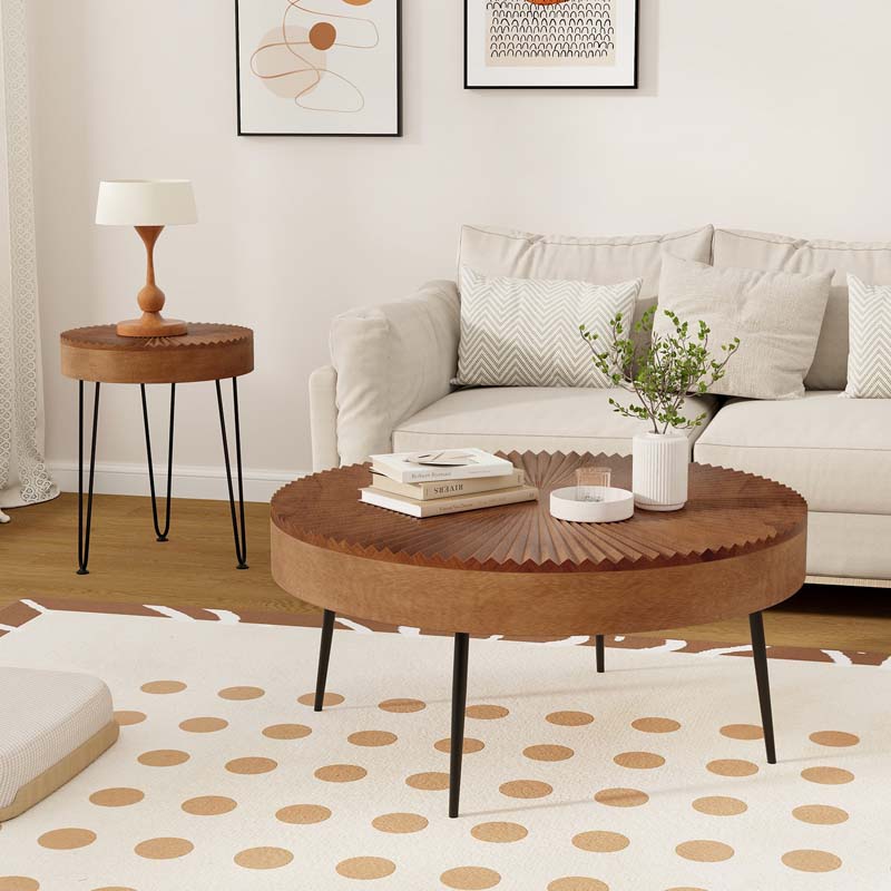 Boho Farmhouse Round Coffee Table Set of 2, Solid Pine Wood Nesting End Table with Metal Legs, Adjustable Foot Pads for Living Room