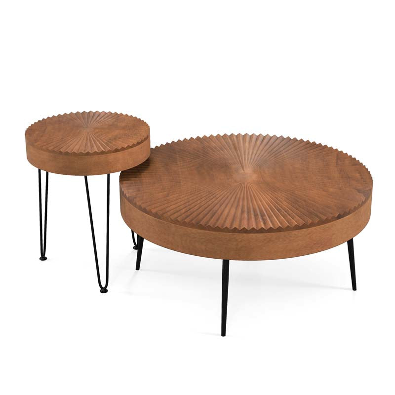 Boho Farmhouse Round Coffee Table Set of 2, Solid Pine Wood Nesting End Table with Metal Legs, Adjustable Foot Pads for Living Room