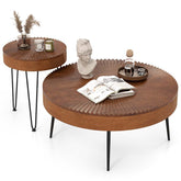 Boho Farmhouse Round Coffee Table Set of 2, Solid Pine Wood Nesting End Table with Metal Legs, Adjustable Foot Pads for Living Room