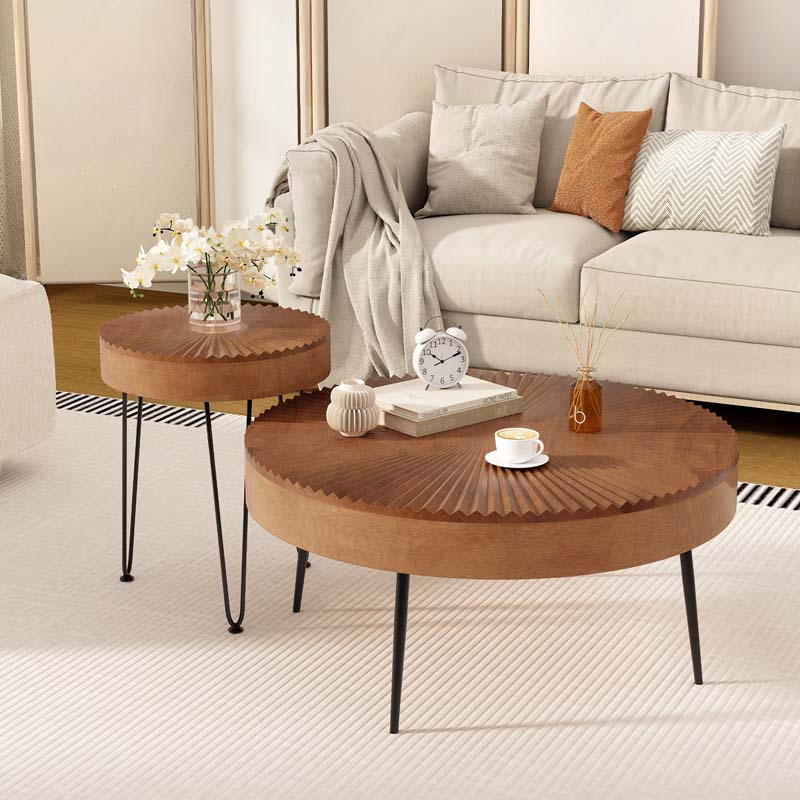 Boho Farmhouse Round Coffee Table Set of 2, Solid Pine Wood Nesting End Table with Metal Legs, Adjustable Foot Pads for Living Room