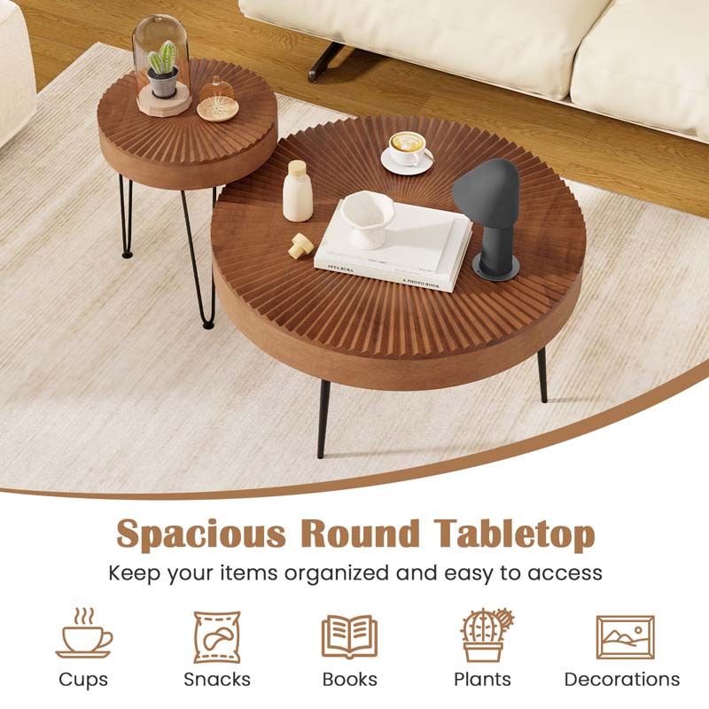 Boho Farmhouse Round Coffee Table Set of 2, Solid Pine Wood Nesting End Table with Metal Legs, Adjustable Foot Pads for Living Room