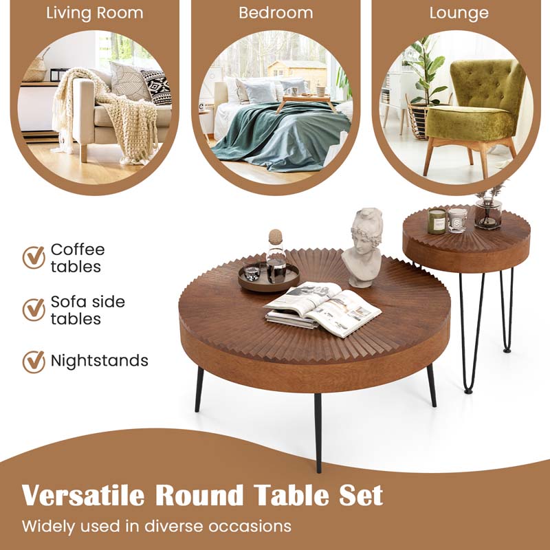 Boho Farmhouse Round Coffee Table Set of 2, Solid Pine Wood Nesting End Table with Metal Legs, Adjustable Foot Pads for Living Room