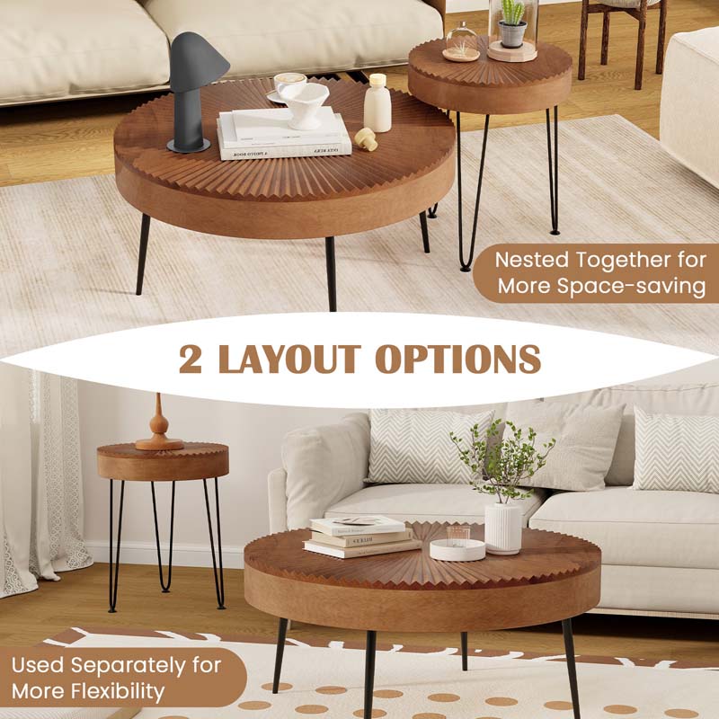 Boho Farmhouse Round Coffee Table Set of 2, Solid Pine Wood Nesting End Table with Metal Legs, Adjustable Foot Pads for Living Room