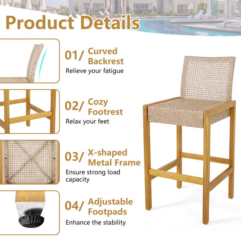 Outdoor Wicker Bar Stools Set of 2/4, PE Rattan Bar Height Patio Chairs with Footrest & Acacia Wood Frame for Backyard Poolside Garden