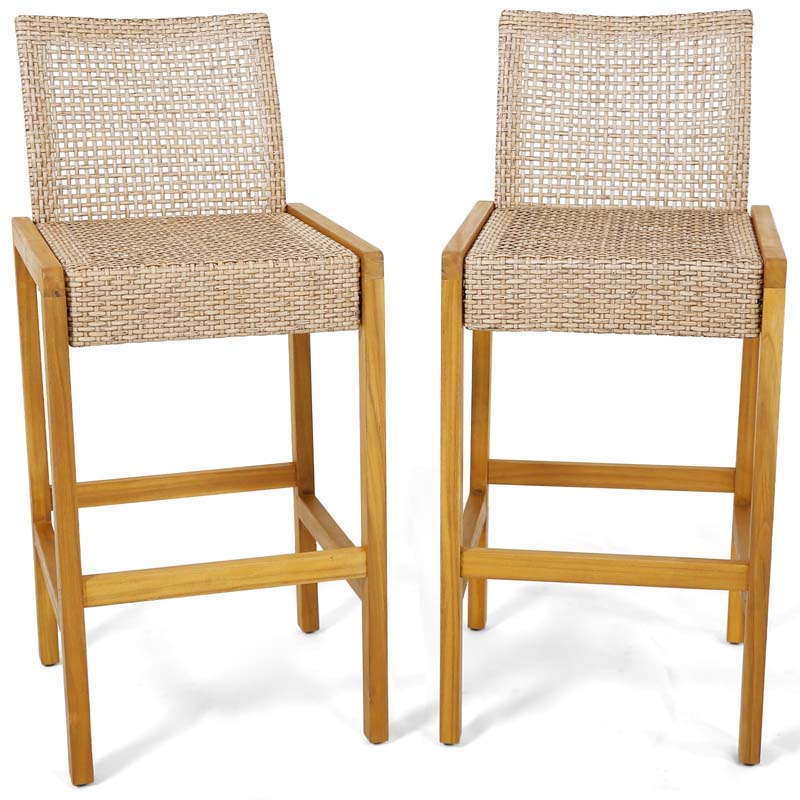 Outdoor Wicker Bar Stools Set of 2/4, PE Rattan Bar Height Patio Chairs with Footrest & Acacia Wood Frame for Backyard Poolside Garden