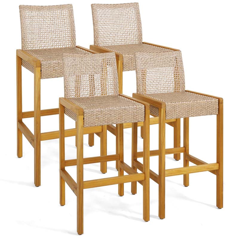 Rattan Wood Bar Stools Patio Dining Chairs with Backrest & Footrest, Indoor Outdoor Bar Height Chairs for Backyard Poolside