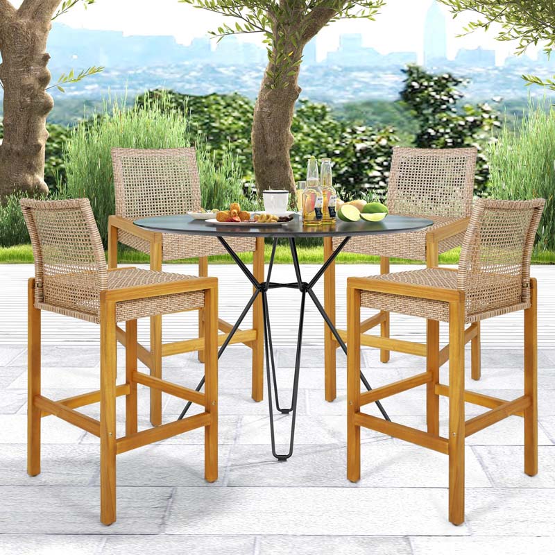 Outdoor Wicker Bar Stools Set of 2/4, PE Rattan Bar Height Patio Chairs with Footrest & Acacia Wood Frame for Backyard Poolside Garden