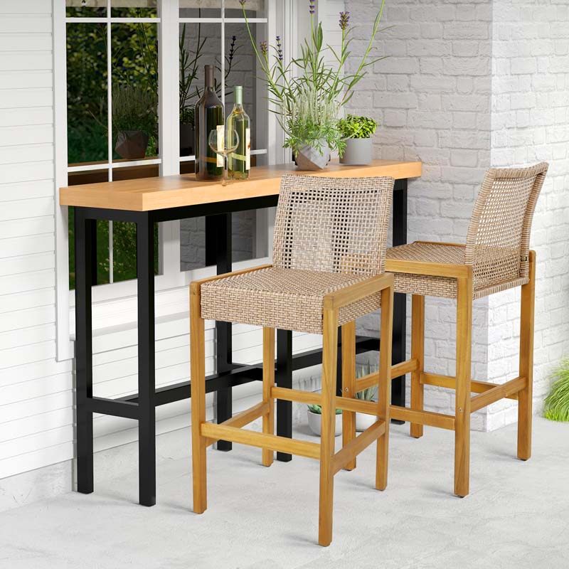 Outdoor Wicker Bar Stools Set of 2/4, PE Rattan Bar Height Patio Chairs with Footrest & Acacia Wood Frame for Backyard Poolside Garden