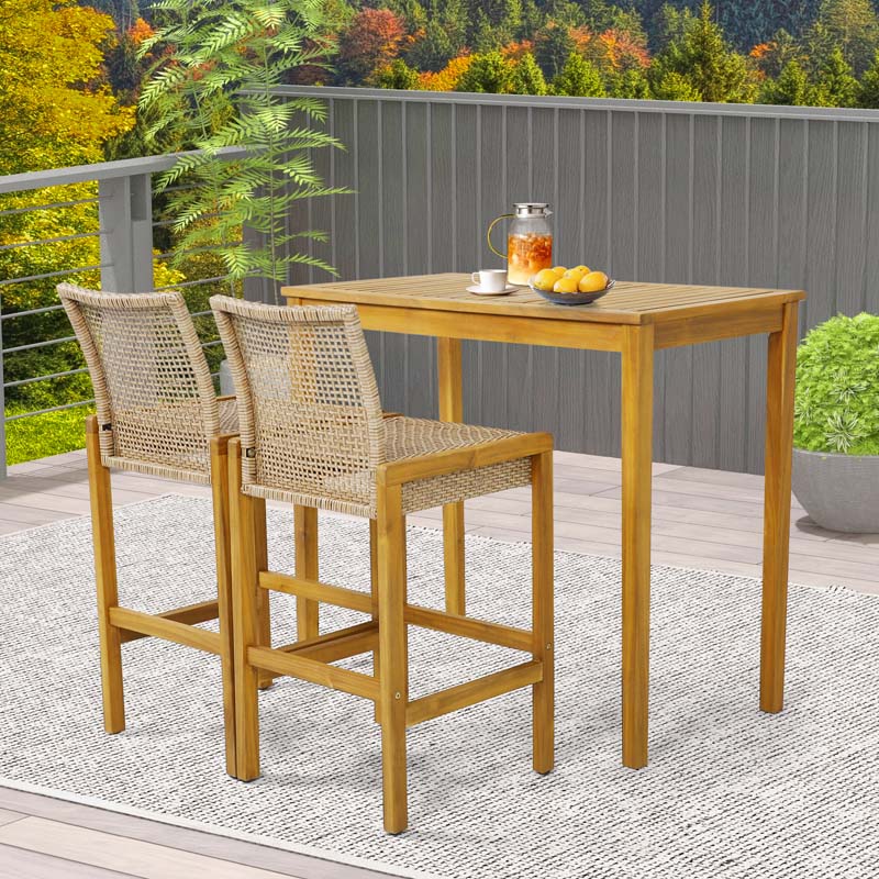 Outdoor Wicker Bar Stools Set of 2/4, PE Rattan Bar Height Patio Chairs with Footrest & Acacia Wood Frame for Backyard Poolside Garden