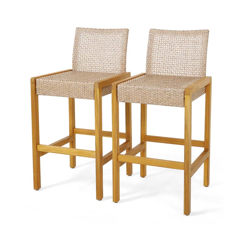 Rattan Wood Bar Stools Patio Dining Chairs with Backrest & Footrest, Indoor Outdoor Bar Height Chairs for Backyard Poolside