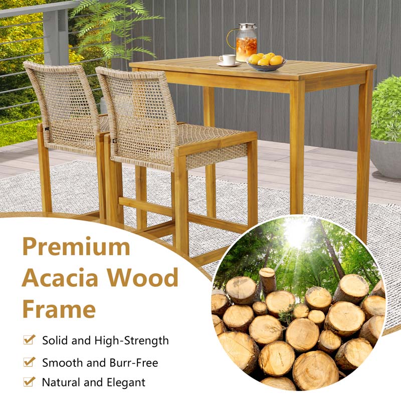 Outdoor Wicker Bar Stools Set of 2/4, PE Rattan Bar Height Patio Chairs with Footrest & Acacia Wood Frame for Backyard Poolside Garden