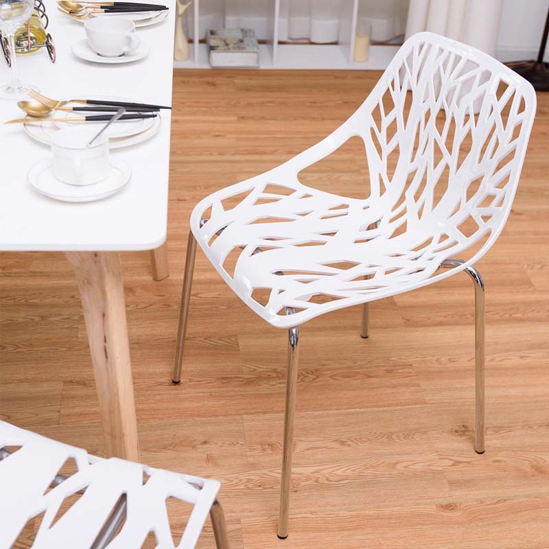 Set of 6 Modern Stackable Hollow-Out Plastic Dining Chairs, Geometric Style Dining Side Chair, Metal Frame Armless Accent for Indoor & Outdoor Use
