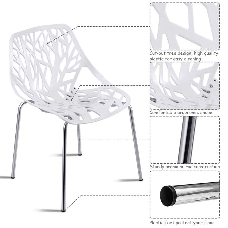 Set of 6 Modern Stackable Hollow-Out Plastic Dining Chairs, Geometric Style Dining Side Chair, Metal Frame Armless Accent for Indoor & Outdoor Use