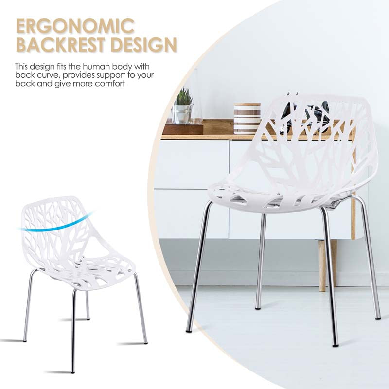 Set of 6 Modern Stackable Hollow-Out Plastic Dining Chairs, Geometric Style Dining Side Chair, Metal Frame Armless Accent for Indoor & Outdoor Use