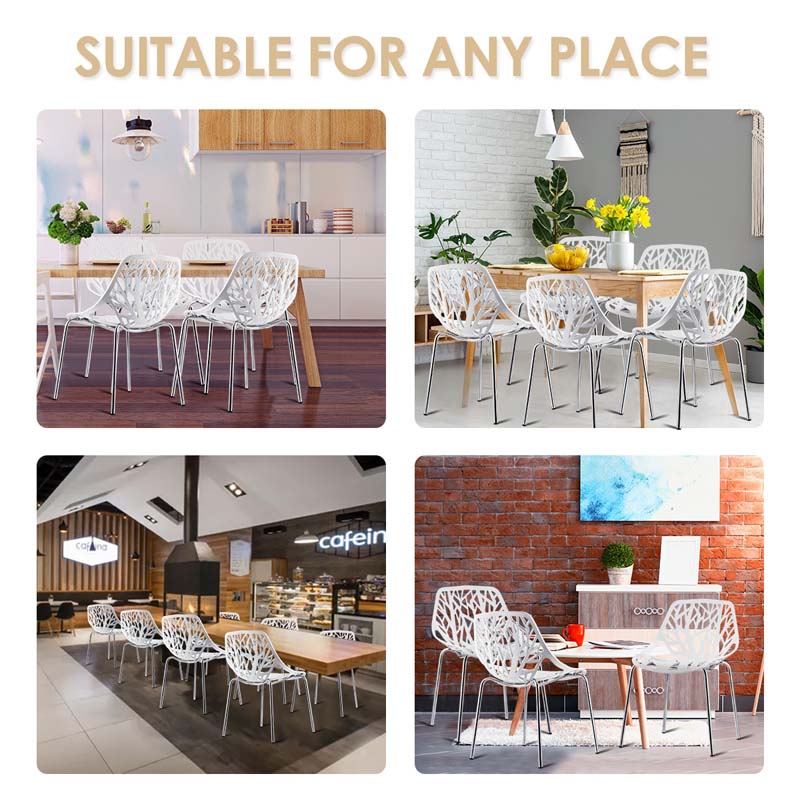 Set of 6 Modern Stackable Hollow-Out Plastic Dining Chairs, Geometric Style Dining Side Chair, Metal Frame Armless Accent for Indoor & Outdoor Use