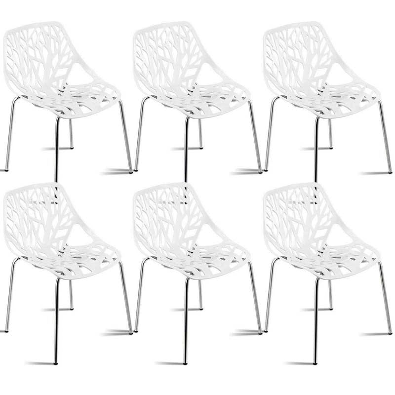 Set of 6 Modern Stackable Hollow-Out Plastic Dining Chairs, Geometric Style Dining Side Chair, Metal Frame Armless Accent for Indoor & Outdoor Use