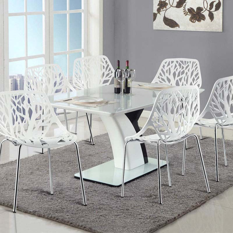 Set of 6 Modern Stackable Hollow-Out Plastic Dining Chairs, Geometric Style Dining Side Chair, Metal Frame Armless Accent for Indoor & Outdoor Use