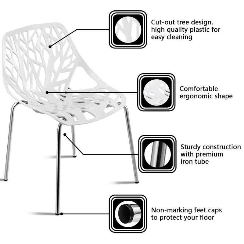 Set of 6 Modern Stackable Hollow-Out Plastic Dining Chairs, Geometric Style Dining Side Chair, Metal Frame Armless Accent for Indoor & Outdoor Use