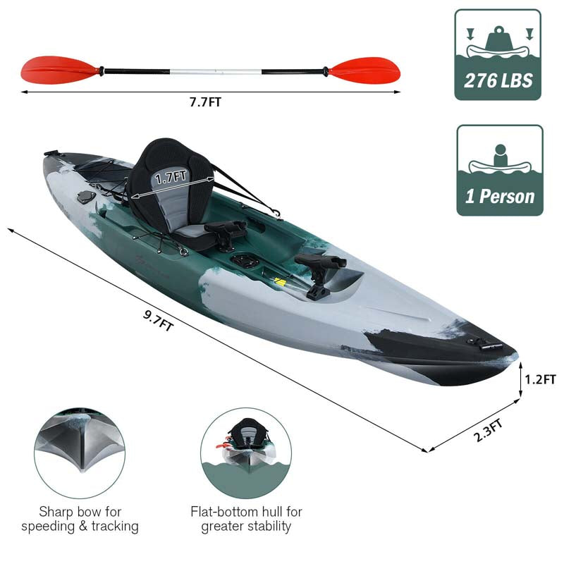 Sit-on-Top Fishing Kayak with Aluminum Paddle, 4 Fishing Rod Holders & Padded Seat, 9.7FT 1-Person Recreational Touring Kayak for Lake, River, Ocean