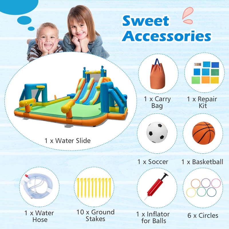 Giant Soccer Themed Inflatable Water Slide Park with Large Splash Pool, 2 Long Slides, 2 Soccer Goals & Dual Climbing Walls for Big Kids Backyard Fun