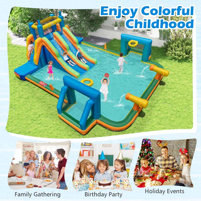Giant Soccer Themed Inflatable Water Slide Park with Large Splash Pool, 2 Long Slides, 2 Soccer Goals & Dual Climbing Walls for Big Kids Backyard Fun