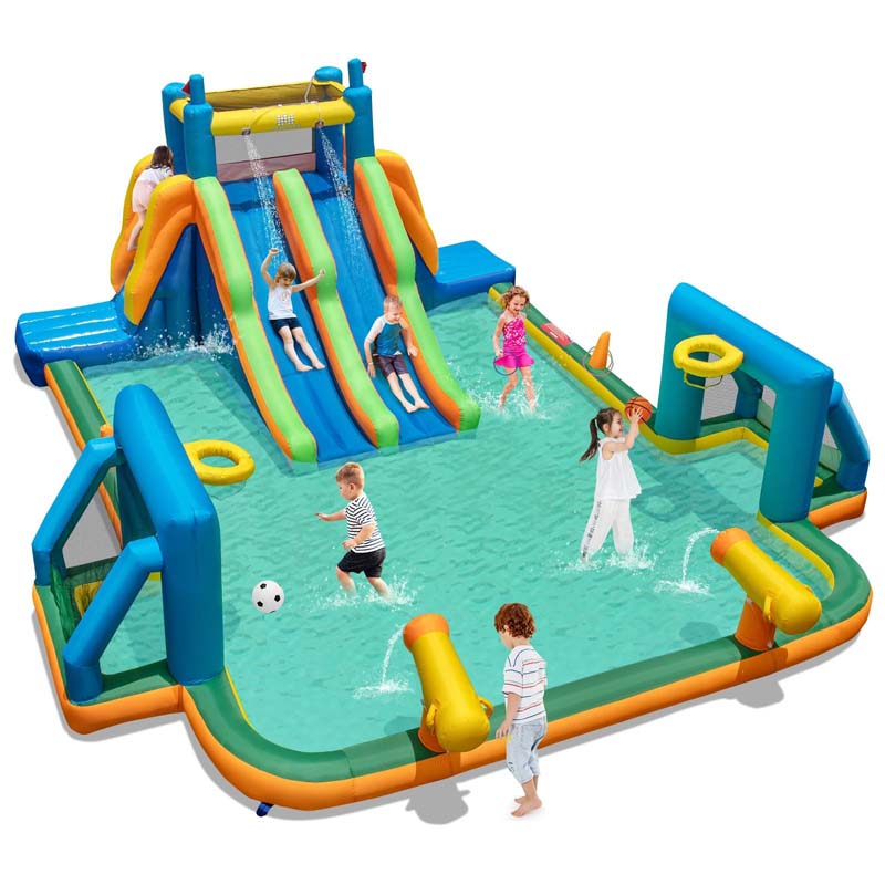 Giant Soccer Themed Inflatable Water Slide Park with Large Splash Pool, 2 Long Slides, 2 Soccer Goals & Dual Climbing Walls for Big Kids Backyard Fun