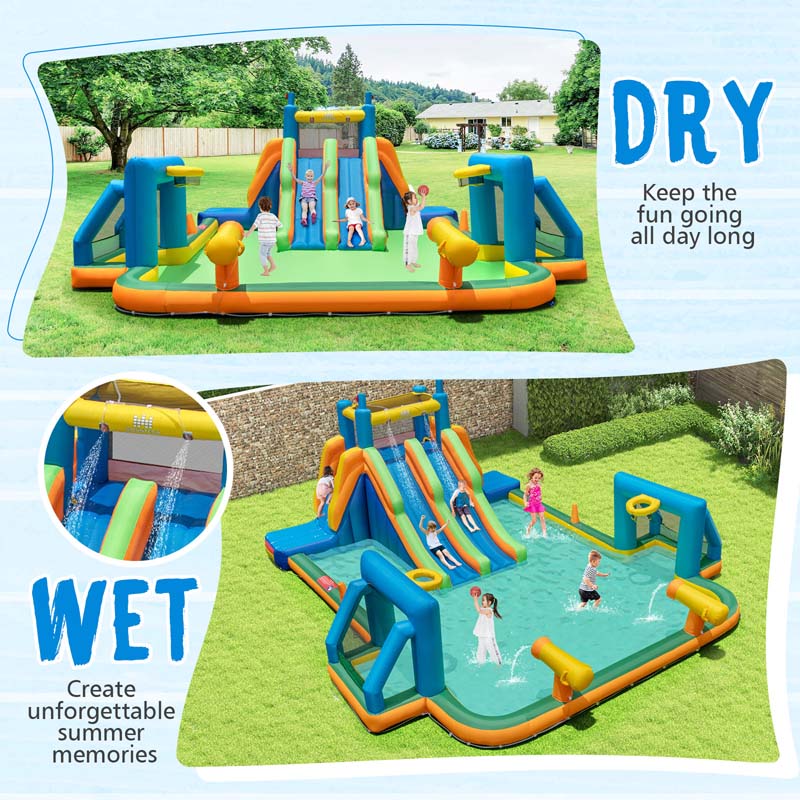Giant Soccer Themed Inflatable Water Slide Park with Large Splash Pool, 2 Long Slides, 2 Soccer Goals & Dual Climbing Walls for Big Kids Backyard Fun