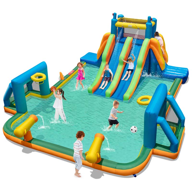 Giant Soccer Themed Inflatable Water Slide Park with Large Splash Pool, 2 Long Slides, 2 Soccer Goals & Dual Climbing Walls for Big Kids Backyard Fun