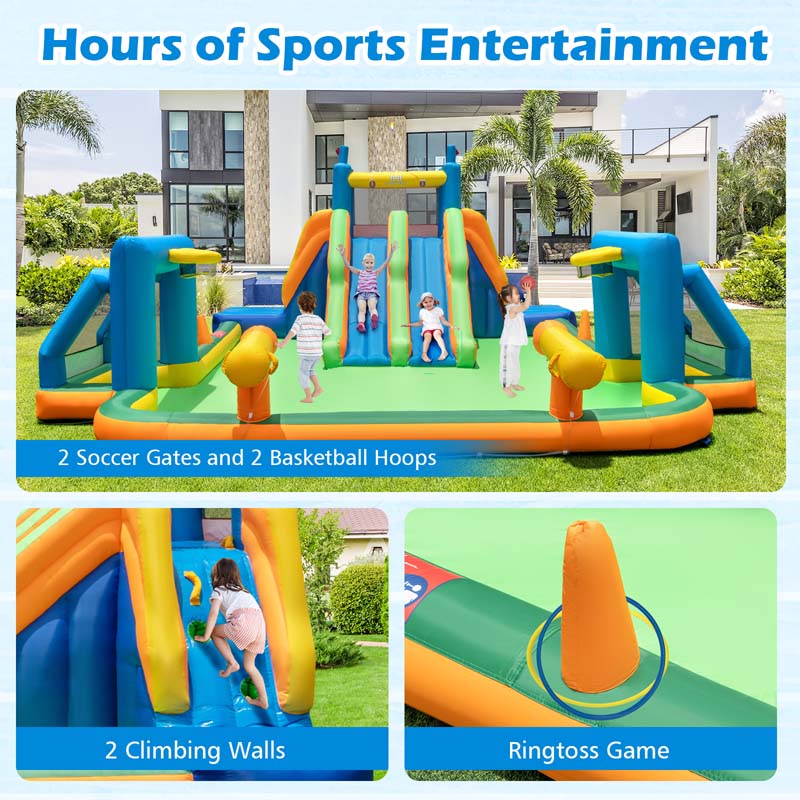 Giant Soccer Themed Inflatable Water Slide Park with Large Splash Pool, 2 Long Slides, 2 Soccer Goals & Dual Climbing Walls for Big Kids Backyard Fun