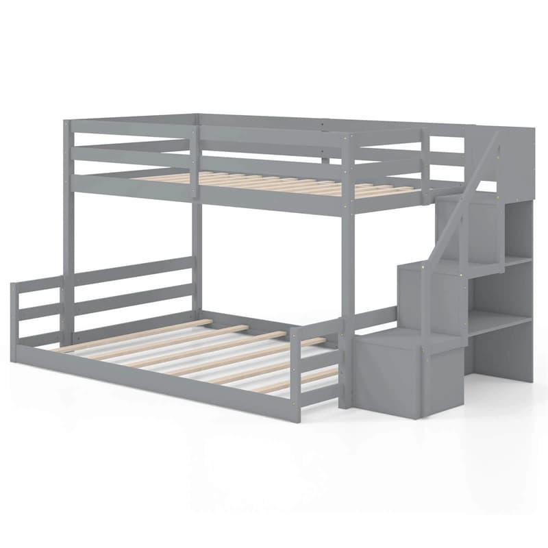 Twin Over Full Bunk Bed with Storage Stairs, Solid Wood Floor Bunk Bed with Full-Length Guardrails, Low Bunk Bed with for Kids Teens Adults
