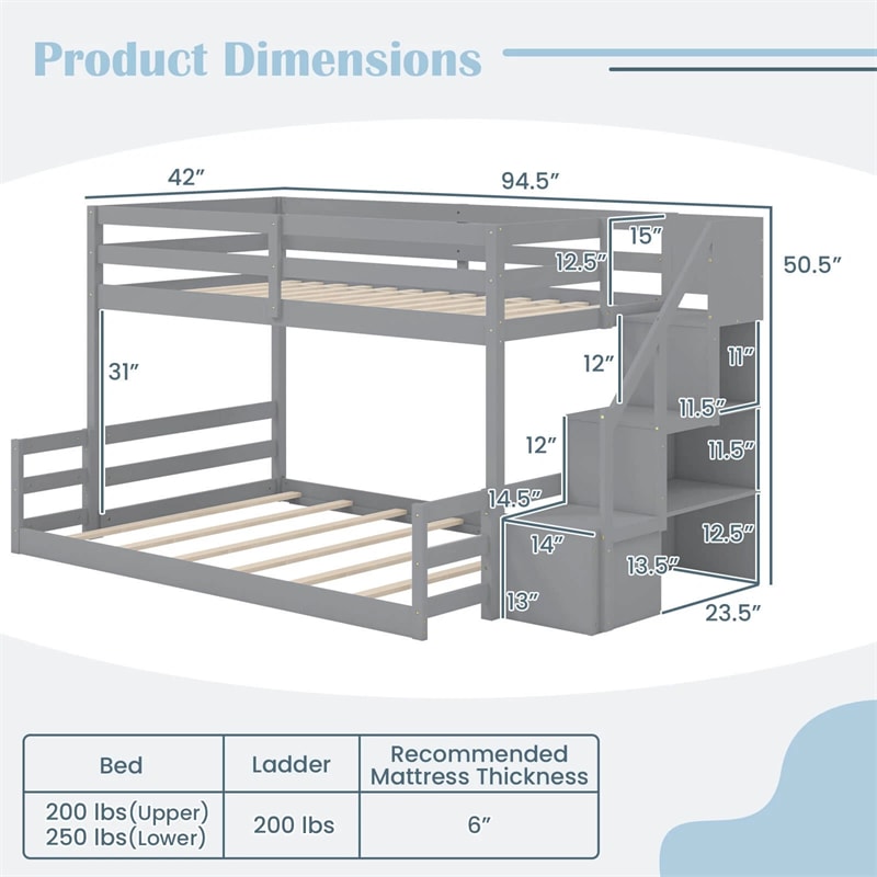 Twin Over Full Bunk Bed with Storage Stairs, Solid Wood Floor Bunk Bed with Full-Length Guardrails, Low Bunk Bed with for Kids Teens Adults