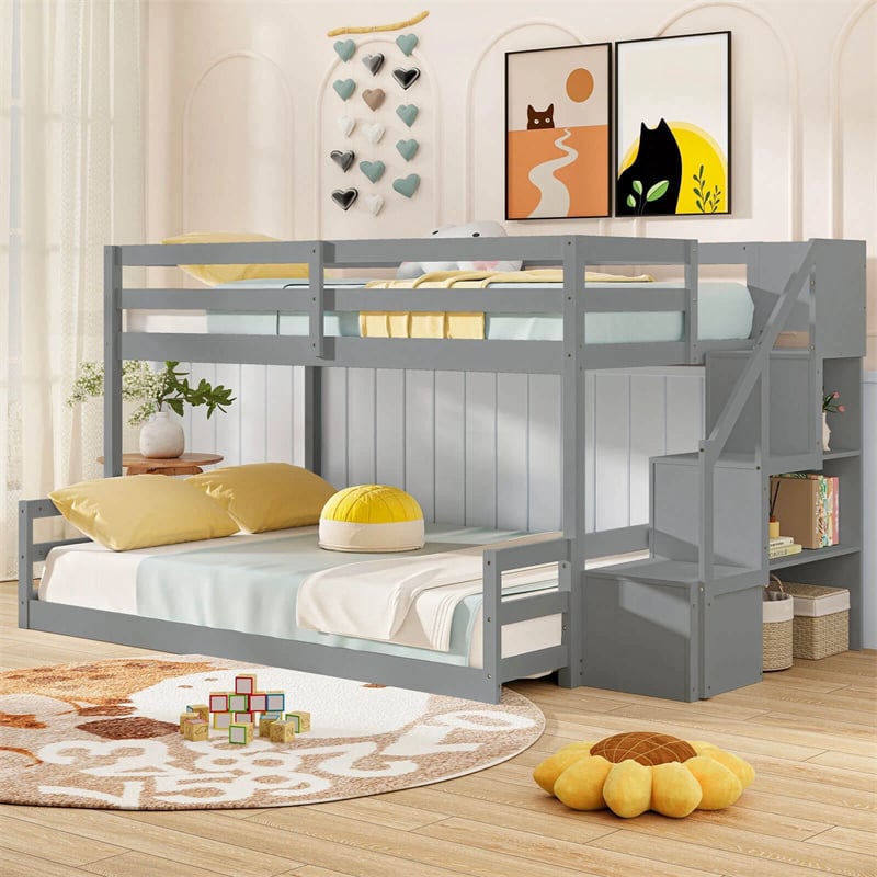 Twin Over Full Bunk Bed with Storage Stairs, Solid Wood Floor Bunk Bed with Full-Length Guardrails, Low Bunk Bed with for Kids Teens Adults