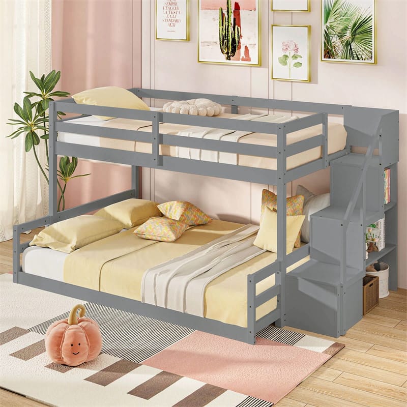 Twin Over Full Bunk Bed with Storage Stairs, Solid Wood Floor Bunk Bed with Full-Length Guardrails, Low Bunk Bed with for Kids Teens Adults