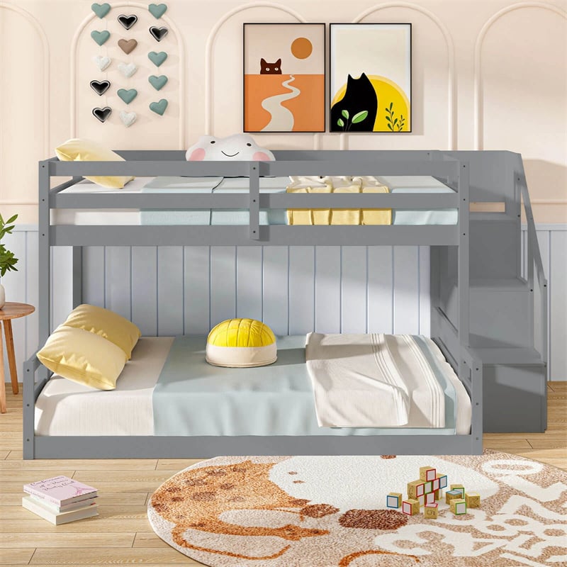 Twin Over Full Bunk Bed with Storage Stairs, Solid Wood Floor Bunk Bed with Full-Length Guardrails, Low Bunk Bed with for Kids Teens Adults