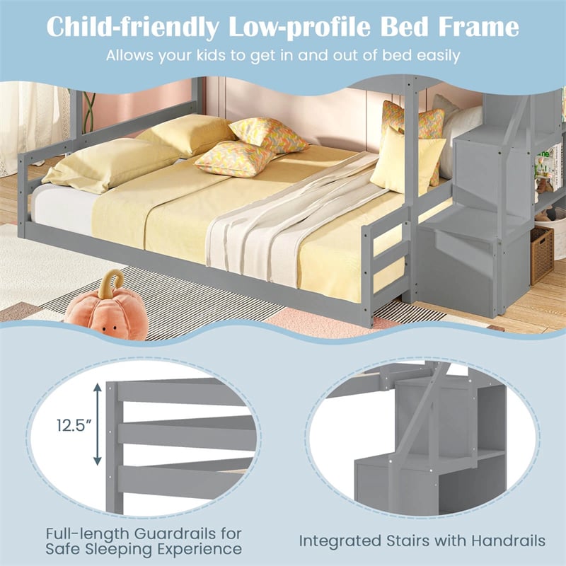 Twin Over Full Bunk Bed with Storage Stairs, Solid Wood Floor Bunk Bed with Full-Length Guardrails, Low Bunk Bed with for Kids Teens Adults