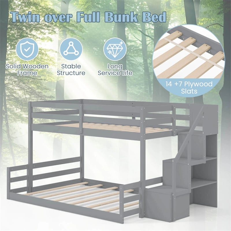 Twin Over Full Bunk Bed with Storage Stairs, Solid Wood Floor Bunk Bed with Full-Length Guardrails, Low Bunk Bed with for Kids Teens Adults