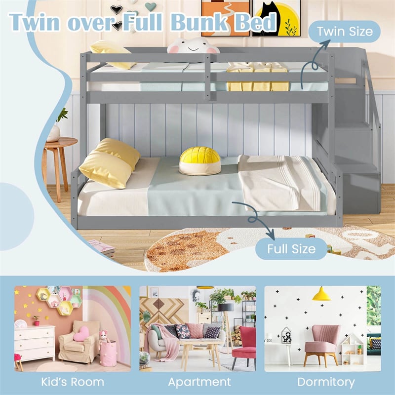 Twin Over Full Bunk Bed with Storage Stairs, Solid Wood Floor Bunk Bed with Full-Length Guardrails, Low Bunk Bed with for Kids Teens Adults