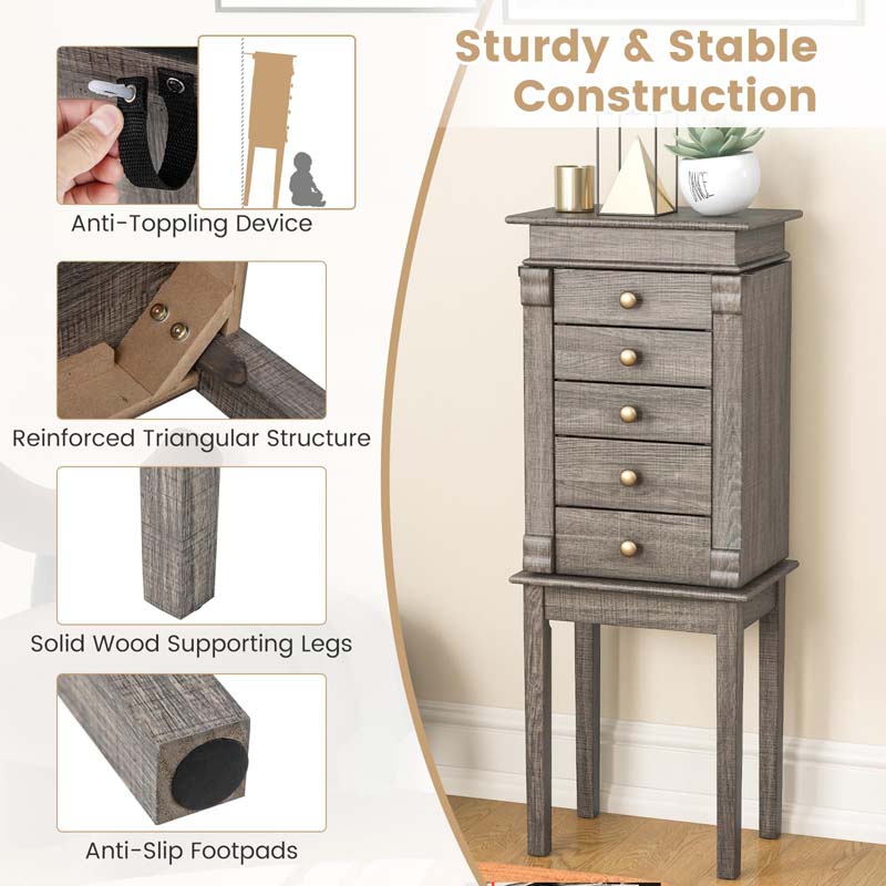 Top Flip Mirrored Jewelry Armoire with 5 Drawers & 2 Side Doors, Gray Standing Wood Jewelry Storage Cabinet for Bedroom Dressing Room