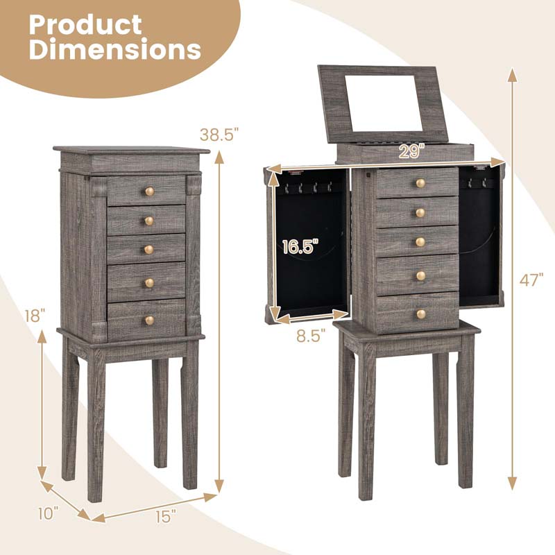 Top Flip Mirrored Jewelry Armoire with 5 Drawers & 2 Side Doors, Gray Standing Wood Jewelry Storage Cabinet for Bedroom Dressing Room