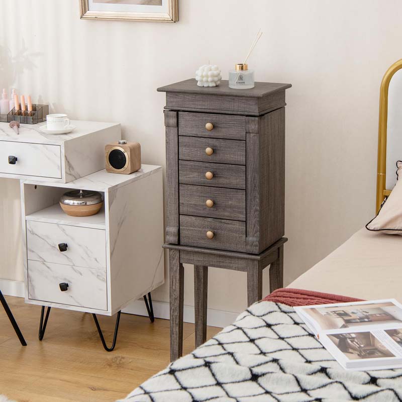 Top Flip Mirrored Jewelry Armoire with 5 Drawers & 2 Side Doors, Gray Standing Wood Jewelry Storage Cabinet for Bedroom Dressing Room