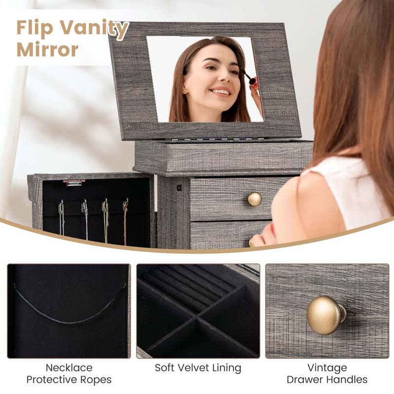 Top Flip Mirrored Jewelry Armoire with 5 Drawers & 2 Side Doors, Gray Standing Wood Jewelry Storage Cabinet for Bedroom Dressing Room