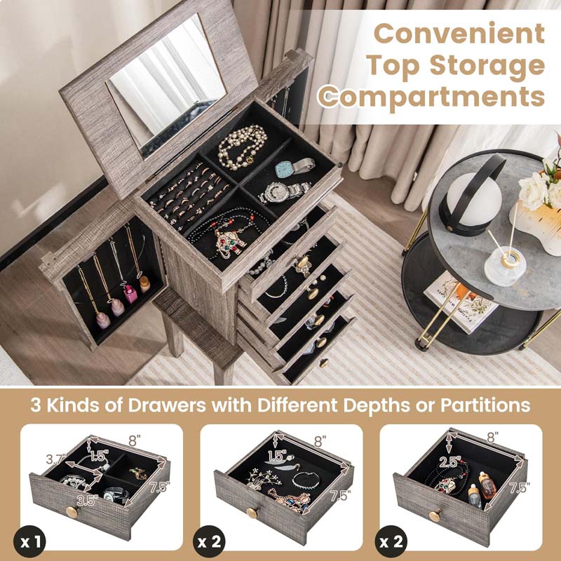 Top Flip Mirrored Jewelry Armoire with 5 Drawers & 2 Side Doors, Gray Standing Wood Jewelry Storage Cabinet for Bedroom Dressing Room