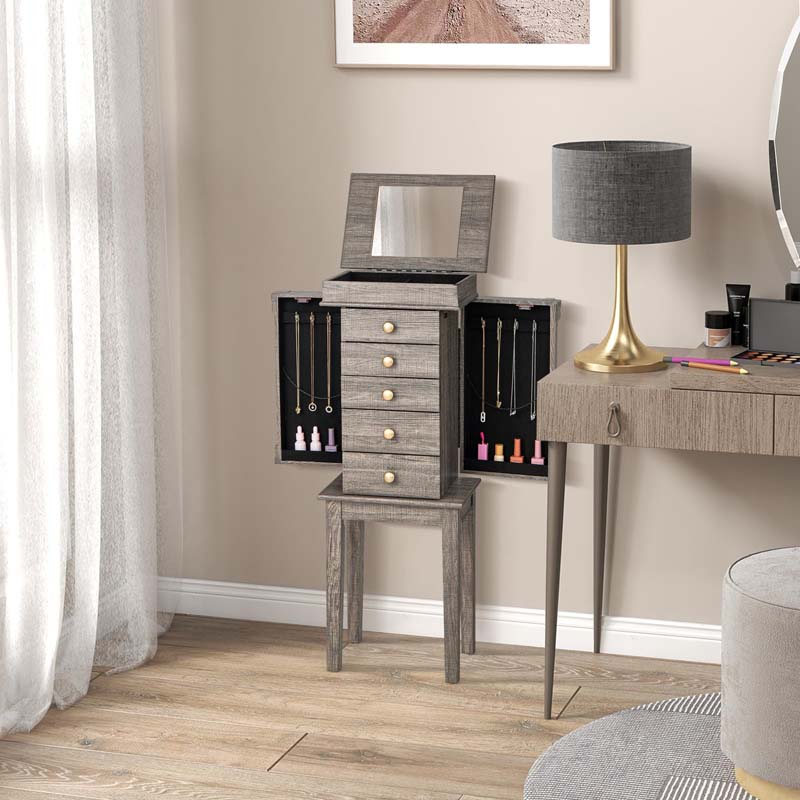 Top Flip Mirrored Jewelry Armoire with 5 Drawers & 2 Side Doors, Gray Standing Wood Jewelry Storage Cabinet for Bedroom Dressing Room