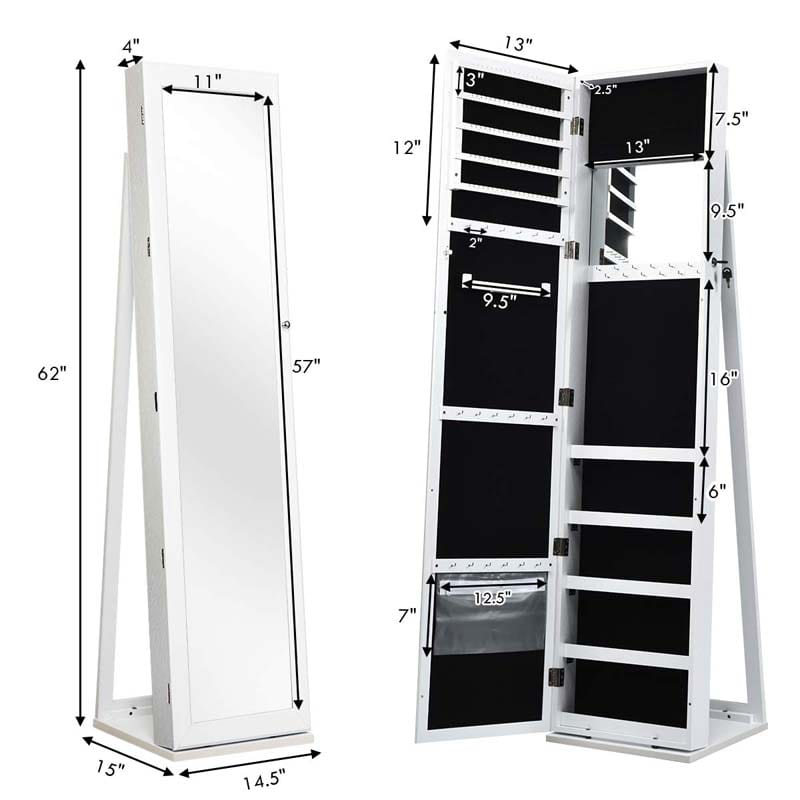 Standing Jewelry Armoire with Full Length Mirror, 2-in-1 Lockable Jewelry Cabinet Organizer Inside Makeup Mirror, Large Storage Capacity