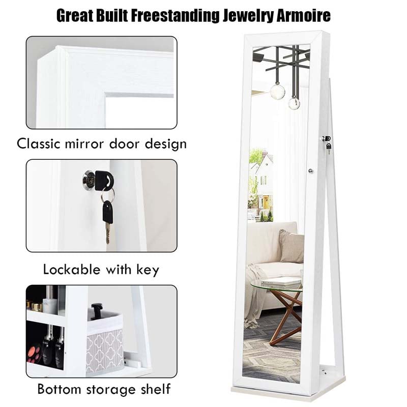 Standing Jewelry Armoire with Full Length Mirror, 2-in-1 Lockable Jewelry Cabinet Organizer Inside Makeup Mirror, Large Storage Capacity