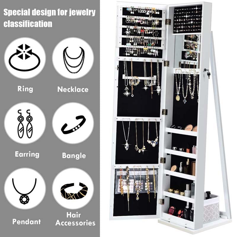 Standing Jewelry Armoire with Full Length Mirror, 2-in-1 Lockable Jewelry Cabinet Organizer Inside Makeup Mirror, Large Storage Capacity