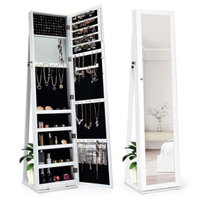 Full-Length Mirror Standing Jewelry Armoire with Inside Makeup Mirror, 2-in-1 Lockable Jewelry Cabinet Organizer