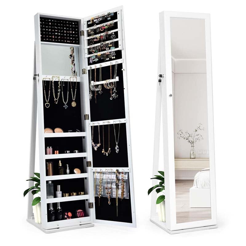 Full-Length Mirror Standing Jewelry Armoire with Inside Makeup Mirror, 2-in-1 Lockable Jewelry Cabinet Organizer